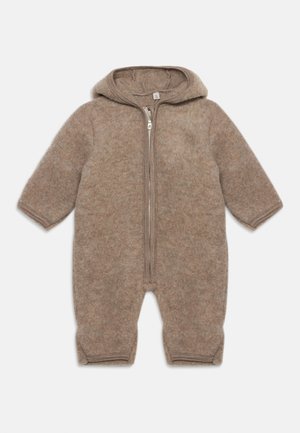 Soft brown hooded baby onesie with long sleeves and front zipper closure, suitable for cold weather.