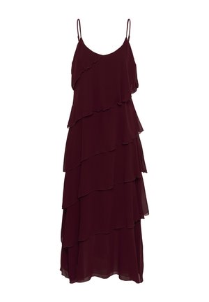 Sleeveless dark burgundy layered chiffon dress with thin spaghetti straps and asymmetrical ruffled tiers.