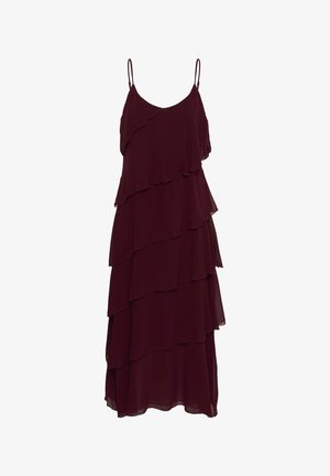 Sleeveless dark burgundy layered chiffon dress with thin spaghetti straps and asymmetrical ruffled tiers.