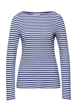 Langärmliges Shirt mit horizontalen navyblauen und weißen Streifen, Bootsausschnitt und figurbetonter Silhouette.