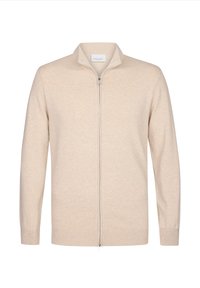Cárdigan beige con cremallera, fabricado en un tejido suave. Presenta un cuello alto y mangas largas con puños y dobladillo acanalados. Diseño simple y limpio.