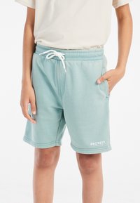 Licht teal kleurige sportshorts met een elastische tailleband, zijzakken en het "PROTEST" logo op het onderbeen. Gemaakt van zacht materiaal met een gladde textuur.