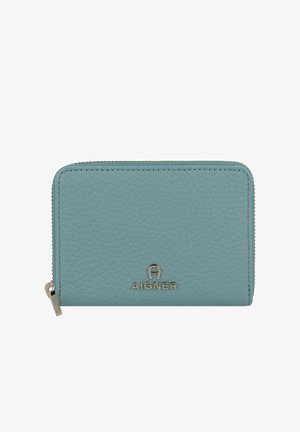 Light blue leather wallet with a textured finish, gold hardware, and a prominent AIGNER logo on the front. Zippered closure.