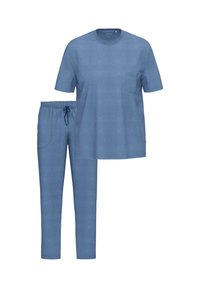 Sininen lyhythihainen T-paita rintataskulla ja yhteensopivat nyörihousut, esillä valkoista taustaa vasten.