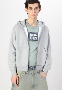 Haut de sweat à capuche gris à fermeture éclair avec une doublure blanche, présentant des poches avant et des poignets côtelés, porté sur un t-shirt vert clair avec un imprimé graphique.