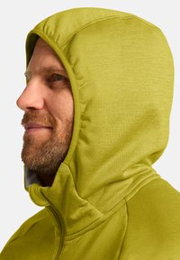 Groene hoodie gemaakt van zachte stof. Kenmerken zijn een hoge kraag, een nauwsluitende kap en een gladde textuur. Zichtbare stiksels langs de naden.