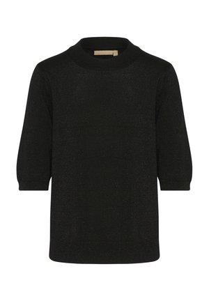 Črn pulover s krožnim ovratnikom, rokavi do treh četrtin in mehkimi, teksturiranimi površinami, ki vsebujejo subtilne kovinske niti.
