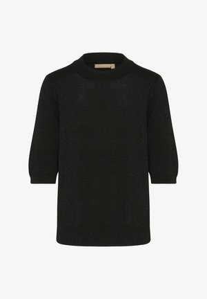 Mustat neulepusero, jossa on pyöreä kaula-aukko, kolmen neljänneksen mittaiset hihat ja pehmeä, tekstuurinen pinta, jossa on hillittyjä metallilankoja.