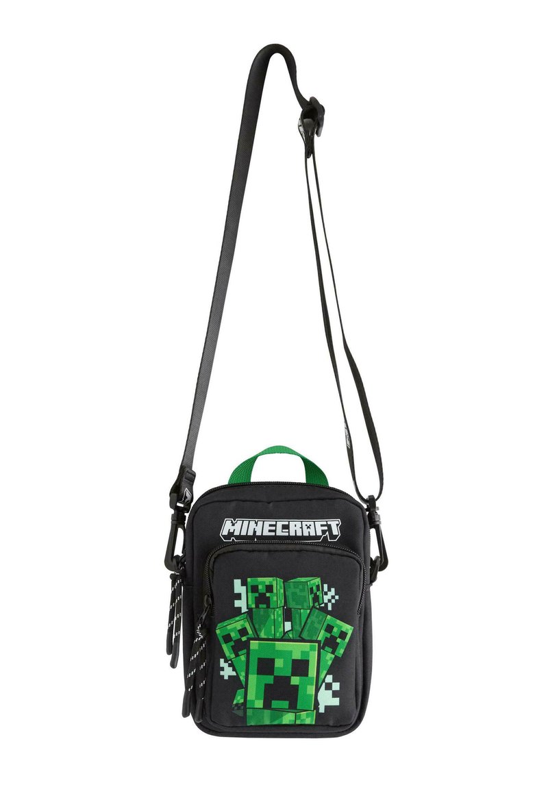Svart Minecraft-tematiserad axelväska med gröna inslag, som har en pixelerad creeper-design på framsidan och är tillverkad av ett slitstarkt, texturerat material.