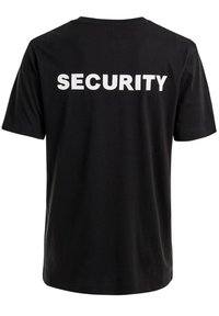 Črna bombažna majica s kratkimi rokavi in okroglim izrezom, z napisom "SECURITY" v debelem belem tisku na hrbtni strani.