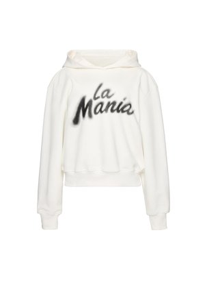Biała bluza z kapturem z długimi rękawami i czarnym napisem w stylu spray "la Mania" na przodzie.