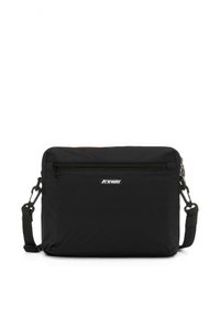 Black rectangular crossbody bag with front zip pocket, adjustable strap, and K-Way logo badge centered on front panel.