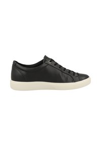 Black leather sneaker with rounded toe, white rubber sole, and flat laces. Features minimalistic design and subtle stitching details.