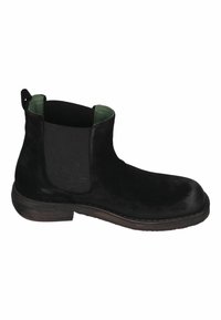 Schwarze Wildleder-Stiefelette mit elastischen seitlichen Einsätzen, grüner Innenausstattung, runder Spitze und niedrigem, gestapeltem Absatz. Verfügt über kontrastierende Nähte.