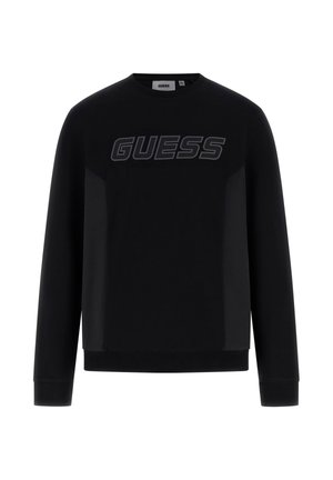 Schwarzer Sweatshirt mit langen Ärmeln und Rundhalsausschnitt, mit dem "GUESS"-Logo in dunkelgrauen Buchstaben quer über der Brust gedruckt.