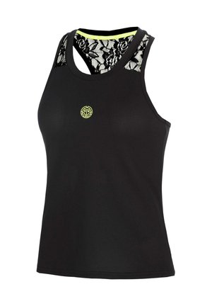 Schwarzes ärmelloses Sport-Top mit floralem Spitzen-Racerback und kleinem gelbem rundem Logo auf der Brust.
