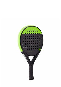 Raquette de paddle noire et verte fluo avec un visage perforé, une prise texturée et un design ergonomique. Présente la marque "Wilson Match Point Elite".