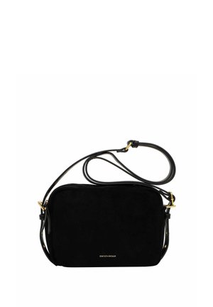 Lille sort læder crossbody taske med justerbar rem og gulddetaljer, med "EMILY & NOAH" logo foran.