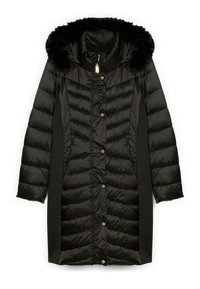 Abrigo tipo puffer negro con capucha de piel sintética, con un patrón acolchado, bolsillos laterales y cierres de botones en tono dorado. Textura suave y mangas largas.