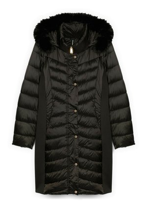 Giacca a vento nera con cappuccio in pelliccia sintetica, caratterizzata da un motivo trapuntato, tasche laterali e chiusura con bottoni dorati. Texture liscia e maniche lunghe.