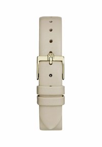 Correa de reloj de cuero beige con una textura suave, hebilla de metal en tono dorado y múltiples agujeros para ajustabilidad. Presenta un extremo afinado.