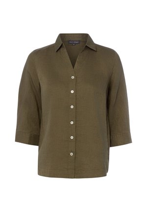 Olivgrünes Hemd zum Knöpfen mit Kragen und dreiviertellangen Ärmeln, mit sechs weißen Knöpfen vorne und geradem Saum.
