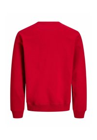 Sweat-shirt rouge uni à manches longues vu de dos avec poignets et ourlet côtelés sur fond blanc.