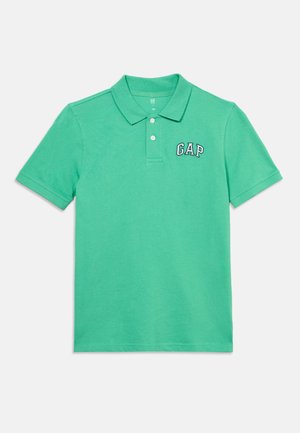 Green short-sleeve polo shirt with two white buttons and "GAP" logo embroidered on the left chest.