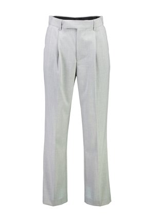 Hellgraue Hose aus strukturiertem Stoff mit maßgeschneiderter Passform, vorderen Bügelfalten und geradem Bein.