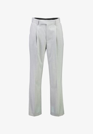 Lichtgrijze broek van een gestructureerde stof, met een getailleerde pasvorm, plooien aan de voorkant en een rechte pijp.