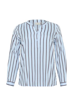 Chemise bleu clair avec des rayures verticales foncées, décolleté en V, manches longues et accents de boutons sur les manches. Texture de tissu douce et lisse.