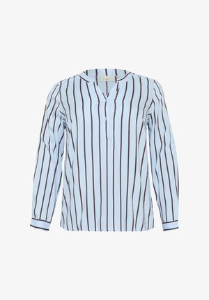 Světle modrá košile s tmavými vertiálními pruhy, výstřih do V, dlouhé rukávy a knoflíkové detaily na rukávech. Měkká, hladká struktura látky.