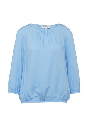 Jasnoniebieska bluzka z długim rękawem, ze ściąganym dekoltem i elastycznymi mankietami oraz dołem, o luźnym, zwiewnym kroju.