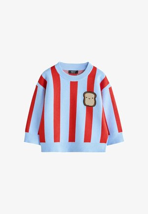 Langærmet sweater med lodrette røde og lyseblå striber samt en lille smilende toast-patch på venstre brystområde.