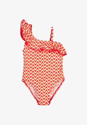 Bañador de un solo hombro con patrón de zigzag en rojo y amarillo, con un escote con volantes y detalles de tirantes asimétricos.