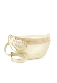 Goldfarbener metallischer Bauchtasche mit glatter Textur, ausgestattet mit einem Hauptreißverschlussfach und einem verstellbaren Gurt. Markenname "Venezia" angezeigt.