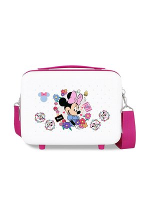 Bolso rectangular blanco con asa y correa rosas, decorado con Minnie Mouse, flores, una abeja y un pequeño cartel que dice "Roses".