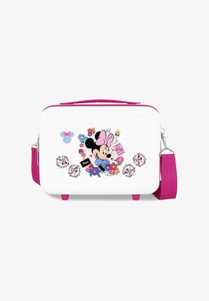 Bolso rectangular blanco con asa y correa rosas, decorado con Minnie Mouse, flores, una abeja y un pequeño cartel que dice "Roses".