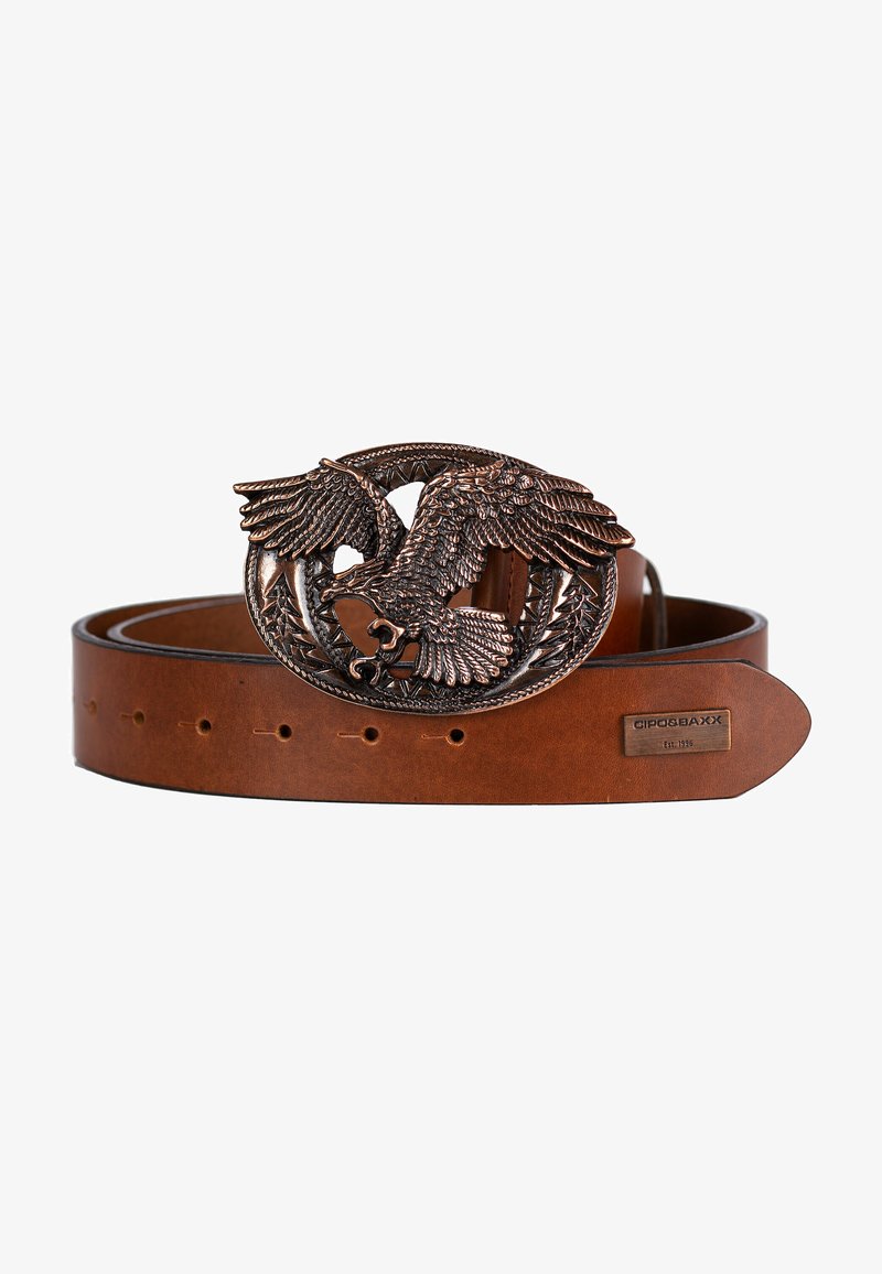 Brown leather belt featuring an ornate bronze eagle buckle with detailed wings, circular design, and a metal logo tag embossed.