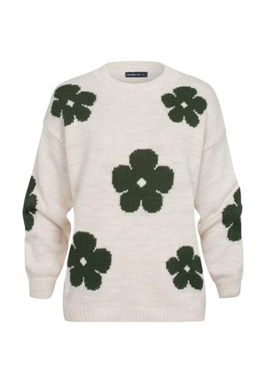 Maglione lavorato a maglia di colore crema con grandi motivi floreali verdi. Presenta un collo rotondo e una vestibilità ampia, con polsini e orlo a costine.