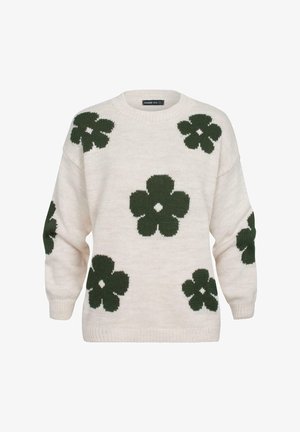 Knit sweater in cream with large green floral patterns. Features a round neckline and loose fit, with ribbed cuffs and hem.