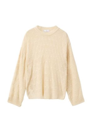 Pull en tricot de couleur crème, avec un col rond, des manches longues et un motif texturé. Ourlets et poignets côtelés, tissu doux.