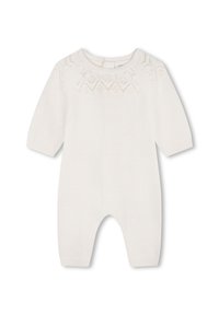 Romper bianco lavorato a maglia con maniche lunghe, caratterizzato da un motivo decorativo sul colletto e polsini a costine. Texture morbida, design con scollatura rotonda.