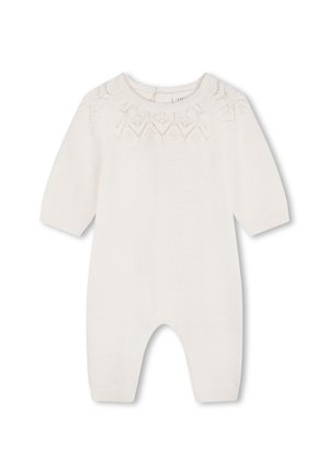 Rompers tricotés blancs à manches longues, avec un motif décoratif au niveau de l'encolure et des poignets côtelés. Texture douce, design à col rond.