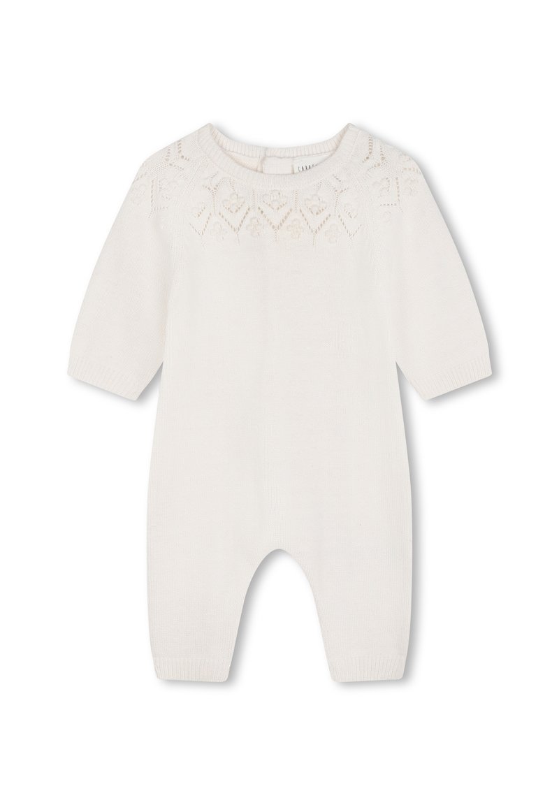 Romper bianco lavorato a maglia con maniche lunghe, caratterizzato da un motivo decorativo sul colletto e polsini a costine. Texture morbida, design con scollatura rotonda.