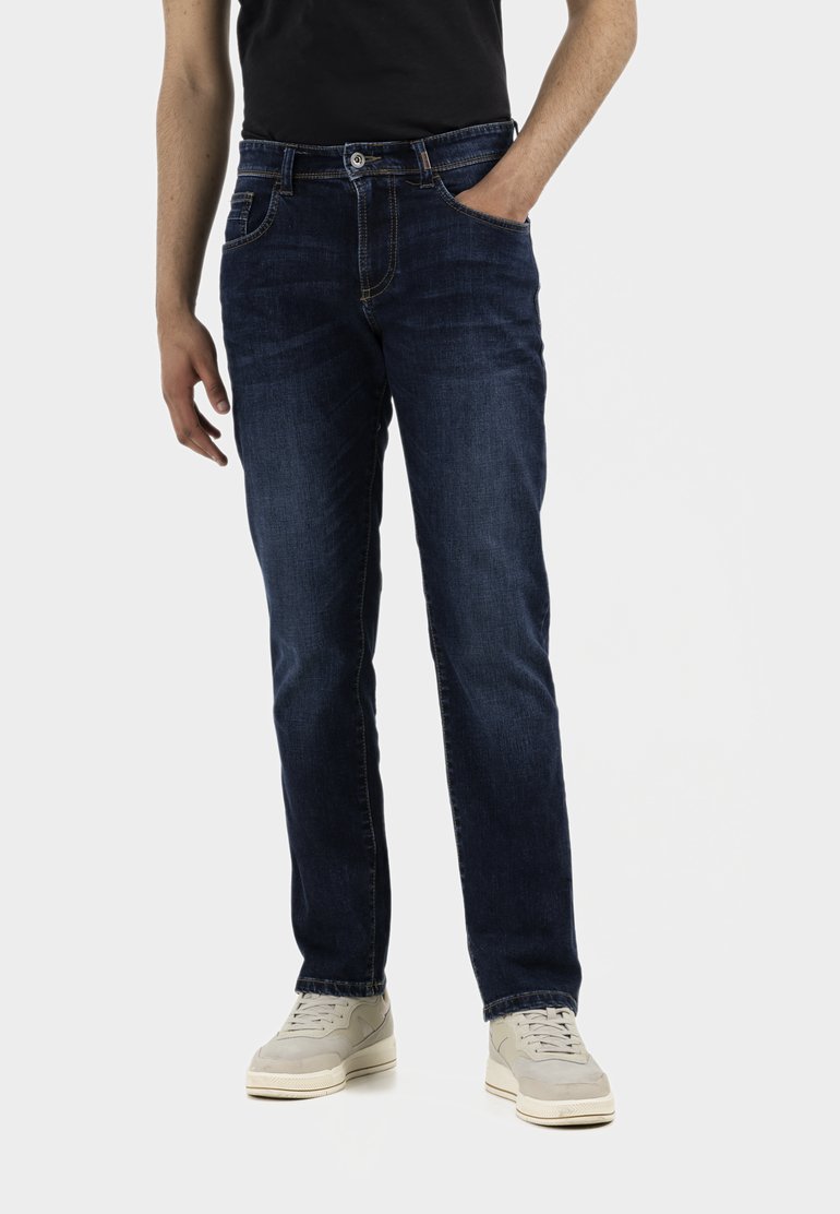 Dark blue denim jeans with a straight leg fit, featuring front pockets, subtle stitching, and a classic button and zip fly closure.