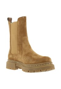 Béžové kotníkové semišové boty s elastickými vložkami po stranách, tlustou gumovou podrážkou, viditelným šitím a zaoblenou špičkou. Vhodné pro běžné nošení.