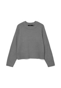 Maglione grigio a maniche lunghe lavorato a maglia, con collo a girocollo rigato, polsini e orlo, che presenta un motivo a maglia testurizzato sulle maniche e sulla parte superiore del torace.