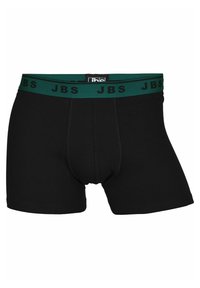 Černé boxerky z hladkého materiálu, s zeleným pasem, na kterém je vytištěno "JBS" černou barvou. Navrženo pro pohodlí a podporu.