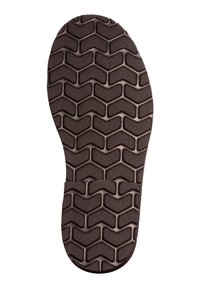 Semelle de chaussure en caoutchouc noire avec un motif de relief en zigzag et une surface texturée pour l'adhérence. Bord lisse autour du périmètre.